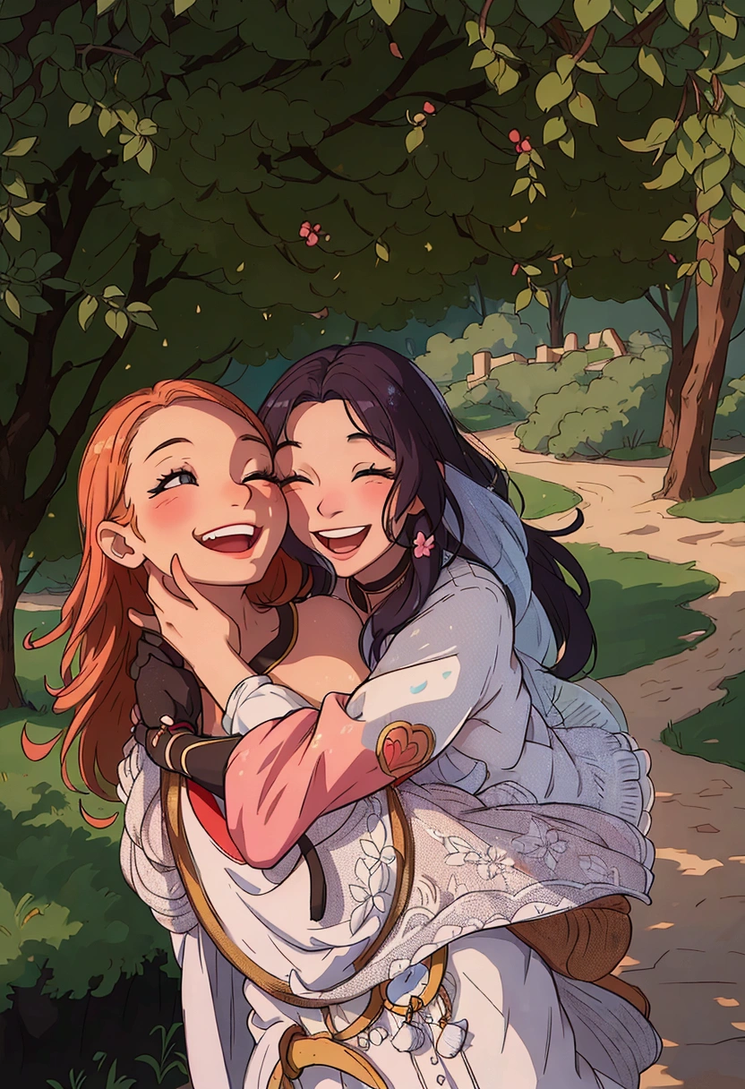(best quality:0.8) perfect anime illustration, a woman and a are smiling and hugging each other, jovana rikalo, a picture, smiling playfully, head bent back in laughter, photo of a beautiful, giggling, happy and smiling, being delighted and cheerful, smiling laughing, laughing, beautiful and smiling, family photography, by Emma Andijewska, both laughing, playful smile