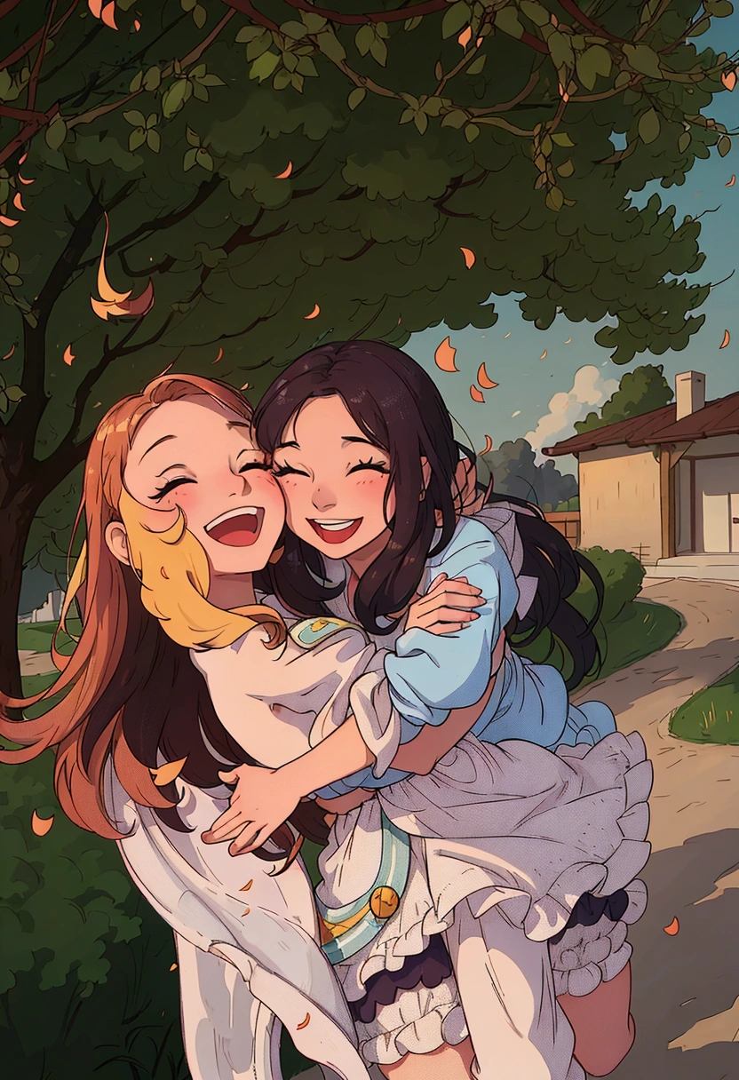 (best quality:0.8) perfect anime illustration, a woman and a are smiling and hugging each other, jovana rikalo, a picture, smiling playfully, head bent back in laughter, photo of a beautiful, giggling, happy and smiling, being delighted and cheerful, smiling laughing, laughing, beautiful and smiling, family photography, by Emma Andijewska, both laughing, playful smile