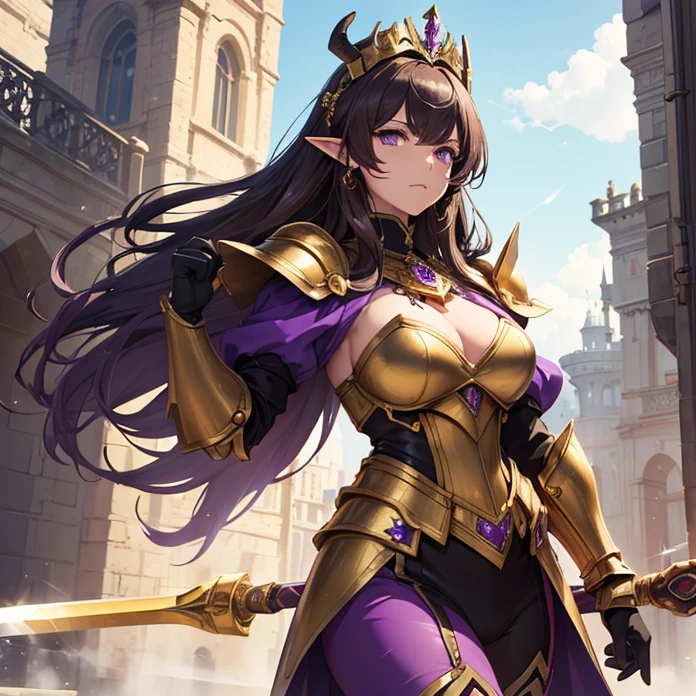 (absurdres, Masterpiece, best quality, no deformity, good anatomy, cowboy shot, front view, character alone, "Warhammer's aesthetic") {{1character:900 years old brown-haired elf noble mature beautiful milf princess:,(dark-brown short-messy-spiky-hair with ahoge, fair skin, purple eyes, brown eyebrows, absolute feminine elder beauty, bravery and leadership feminine),(she wears: purple bulky full super power-armor, full heavy golden cuirass armor, full bulky big and sharped purple shoulder plates with gold trims, full armored arms and elbows in purple steel, full armored purple gauntlets, full armored steel gold hips, full armored purple legs, full steel gold longboots, steel purple helmet with gold tiara at the top, red-jeweled-gold-necklace(holding with right arm a golden blade sword)),(she is: marching at the tower, watching with courage and seriousness thevsituation),(castle's deffensive tower, radiant sun in the sky, midday light-blue sky, several golden cannons over the tower's platform)}}