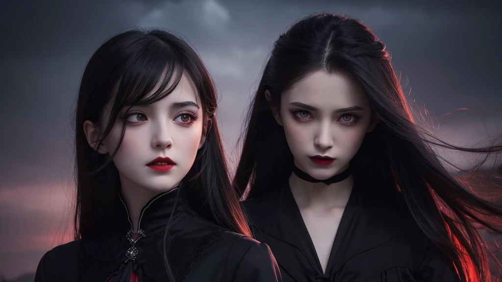 Delicate and dainty young Dracula woman . She is wearing bright black. The background is a fantastic and ethereal night sky that seems to be haunted by a specter. Her expression is stern and atmospheric. red eye, Fangs sticking out of her open mouth.