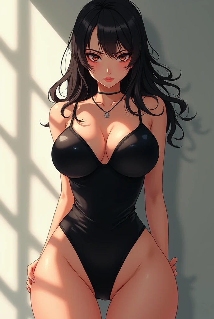 Asian girl, From behind looking at viewer, huge ass, cold stare, sexy, huge breasts,score_9, score_8_up, score_7_up, 1girl, source_anime, haughty, low angle view, muscled thighs, sexy thigh dress, shiny skin, wet, sideboobs, black dress, front view, hard nipples, wet pussy