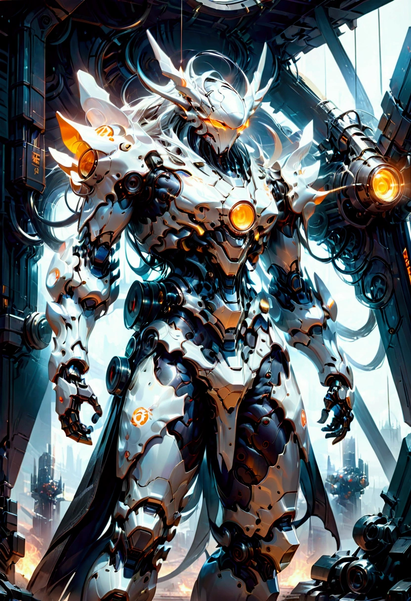 Giant Weapon, a massive futuristic mecha robot, highly detailed mechanical parts, intricate gears and pistons, glowing energy core, dramatic pose, cinematic lighting, sci-fi atmosphere, metallic sheen, depth of field, 8k, concept art style, masterpiece, best quality, very aesthetic, absurdres
