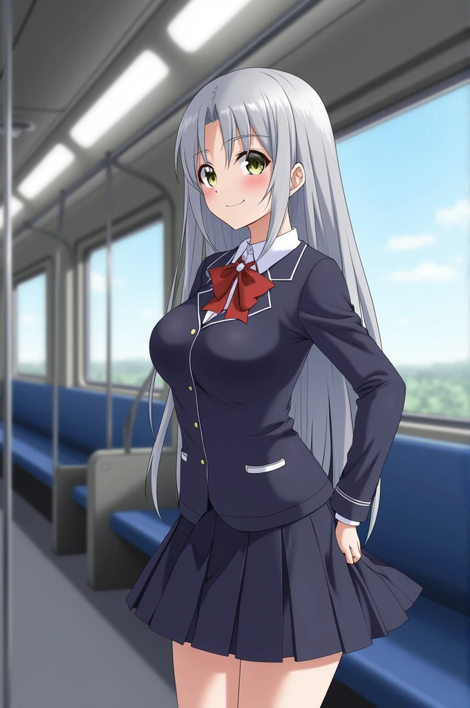 Anime。A silver-haired, long-breasted high school girl in uniform being molested on a train。Skirt flipped up、Your hand is inside your pants