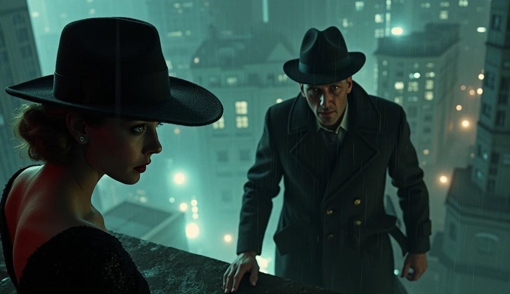 Film Noir Art Style: Aerial view of a rain-soaked 1940s cityscape at night, enveloped in deep shadows and mist. In the foreground, the femme fatale Evelyn (Physical Appearance: A striking woman in her late 20s with high cheekbones and a sharp jawline. Her pale skin contrasts starkly with her dark, piercing green eyes. Her lips are painted a deep crimson, set in a subtle smirk hinting at her dangerous allure.
Clothing: She wears a sleek, black, form-fitting dress reaching just below her knees, shimmering slightly under the dim city lights. A wide-brimmed hat is tilted elegantly, partially concealing her face in shadow, enhancing her enigmatic presence. Black high heels and tight-fitting satin gloves complete her attire.) is poised at the edge of a rooftop, ready to sprint. In the background, detective John (Physical Appearance: A rugged man in his mid-30s with a strong jawline and a five o'clock shadow. His piercing blue eyes exude unwavering determination. Weathered skin hints at a life spent on the streets.
Clothing: Dressed in a dark, double-breasted trench coat reaching his knees, flaring slightly as he moves. A classic black fedora with a tilted brim casts a shadow over his eyes. Worn leather gloves and polished, albeit scuffed, shoes complete his ensemble.) emerges from a doorway, eyes fixed on Evelyn. The city’s neon lights reflect off the wet rooftops, creating stark contrasts between light and shadow.