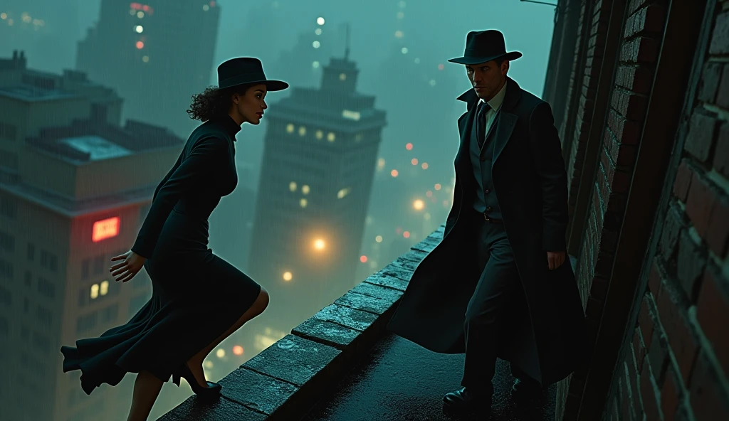 Film Noir Art Style: Aerial view of a rain-soaked 1940s cityscape at night, enveloped in deep shadows and mist. In the foreground, the femme fatale Evelyn (Physical Appearance: A striking woman in her late 20s with high cheekbones and a sharp jawline. Her pale skin contrasts starkly with her dark, piercing green eyes. Her lips are painted a deep crimson, set in a subtle smirk hinting at her dangerous allure.
Clothing: She wears a sleek, black, form-fitting dress reaching just below her knees, shimmering slightly under the dim city lights. A wide-brimmed hat is tilted elegantly, partially concealing her face in shadow, enhancing her enigmatic presence. Black high heels and tight-fitting satin gloves complete her attire.) is poised at the edge of a rooftop, ready to sprint. In the background, detective John (Physical Appearance: A rugged man in his mid-30s with a strong jawline and a five o'clock shadow. His piercing blue eyes exude unwavering determination. Weathered skin hints at a life spent on the streets.
Clothing: Dressed in a dark, double-breasted trench coat reaching his knees, flaring slightly as he moves. A classic black fedora with a tilted brim casts a shadow over his eyes. Worn leather gloves and polished, albeit scuffed, shoes complete his ensemble.) emerges from a doorway, eyes fixed on Evelyn. The city’s neon lights reflect off the wet rooftops, creating stark contrasts between light and shadow.