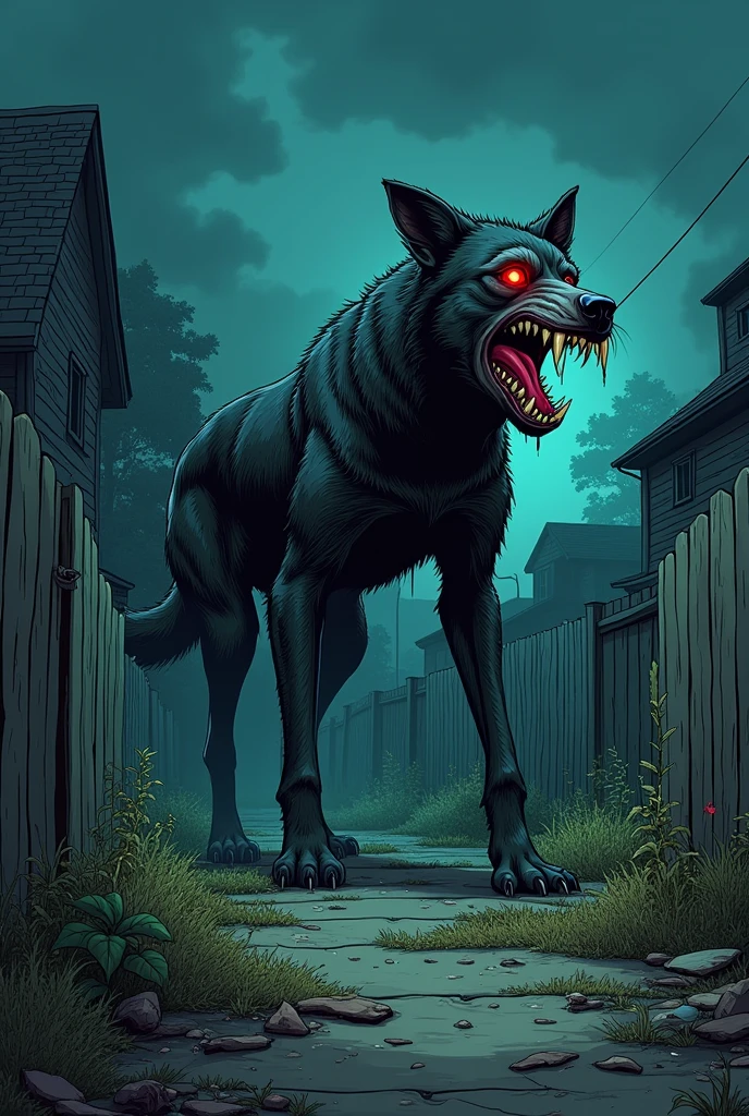 (( goosebumps book art )) a monster dog in an abandoned backyard at night