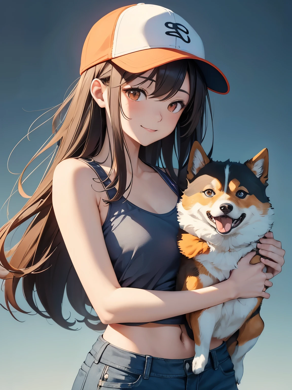 Create a beautiful, high-quality illustration in the style of Japanese anime. The artwork should depict a warm and passionate girl with long brown hair and orange eyes, wearing a gray baseball cap and a dark gray sports bra. She is smiling while holding a Shiba Inu in a half-body portrait. The background is a clear blue sky. The overall style should be aesthetically pleasing, with a level of detail and quality comparable to artwork found on platforms like ArtStation or Pixiv, ensuring a masterpiece quality.
