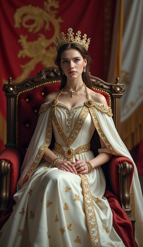 The young and beautiful Archduke of Liechtenstein。Beautiful woman。whole body。Sit on a throne、Wearing the crown、Holding a scepter and a jewel。Liechtenstein Flag Background