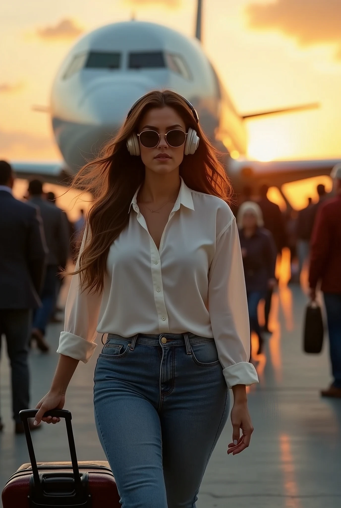 detailed, concentrated, Professional lighting, Very beautiful women(curvy body), outside airport next to the plane, long hair, curve body, wearing white blouse and jeans, sun glasses, headphones, Full body image, Take a crowded line, walking in the airport to the plane, bring the suitcase, lights from the sunset on her face.
