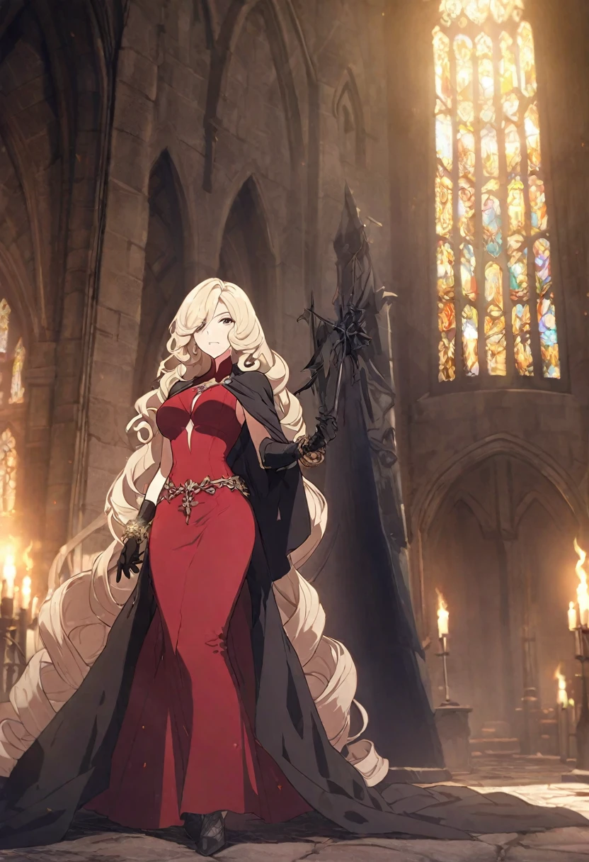 Dark Souls, Dim Lights, Old Church, Mature female, Slim, High target, Long curly blond hair, Long black cloak, Red bodycon dress, Diamond-embellished long skirt, Gold Bracelet, 8K, Official style, 