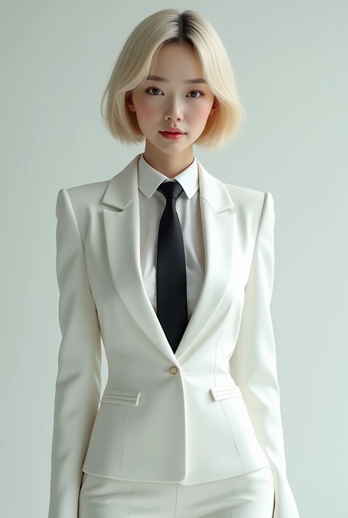 uniform、White suit、Black tie、Emphasize the chest、Blonde short、Japanese Beautiful Girl、Perfect Face、Perfect Style、reluctant machine