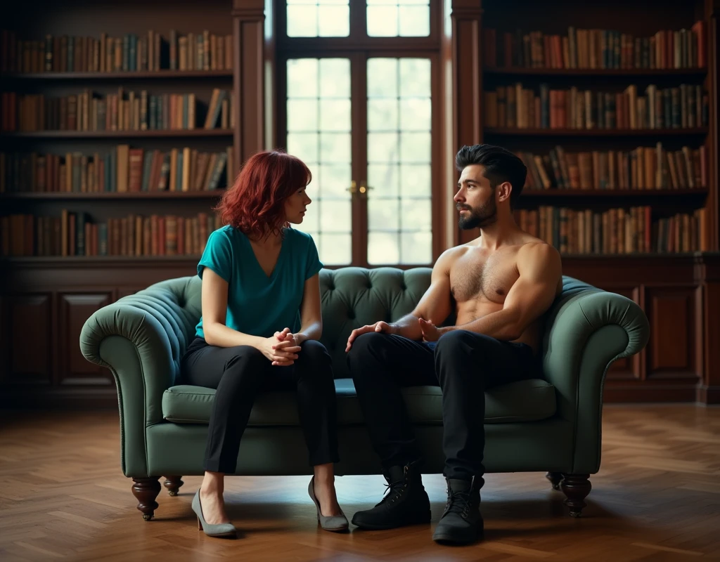 170 cm tall, 24-year-old woman with very pale skin, vibrant maroon wavy medium-length layered hair, parted to the side, fit figure, long turquoise top, black pants and grey flats with a tentative expression sits next to a very tall 209 cm tall, 29-year-old muscular attractive man with black short layered swept back wavy crew cut hair, short black facial hair, shirtless, Mediterranean-Native American features, black t-shirt and black cargo pants kind smile expression, sitting on the other side of chaise lounge right underneath a window inside a huge empty dark wood library. Photorealistic, cinematic.