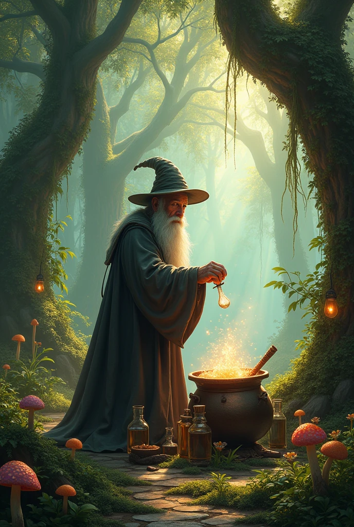 A wizard in an enchanted forest making potions