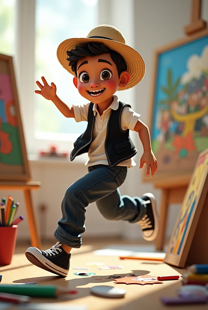 Create an image of a character that represents the institutional image of contemporary art types like legends, friendly, that contains an adult face, charismatic, his clothing has a white shirt, black wool vest, cloth pants, converse canvas, toquilla straw hat, Ecuadorian complexion, contemporary adult youth age, short ears, that has elements of an artist, like colored pencils, cardboard, paintings, technological resources for arts; His face must have natural eyes, splattered nose, smiling mouth; the character must be in a dynamic pose in motion, in perspective that shows dynamism and movement in his body.