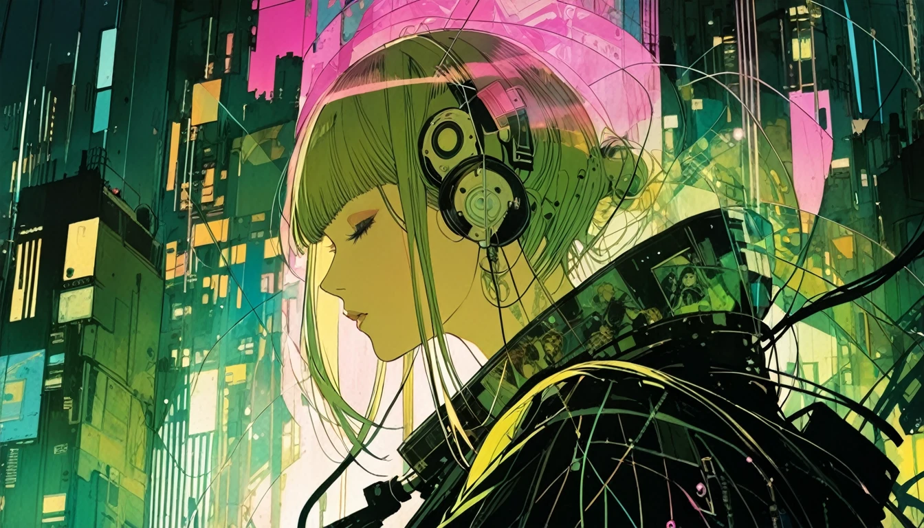 cyber punk,Female punk singer, lofi ,Harry Clarke style,(Ashley Wood Style:1.4), (Double exposure:1.4),1. Projection of a giant girl's silhouette and a creepy battle city,Thrilling footage released,cyber punk ヴェイパーウェイヴ,Holographic Projection,(Pause,Dynamic Action:1.8)