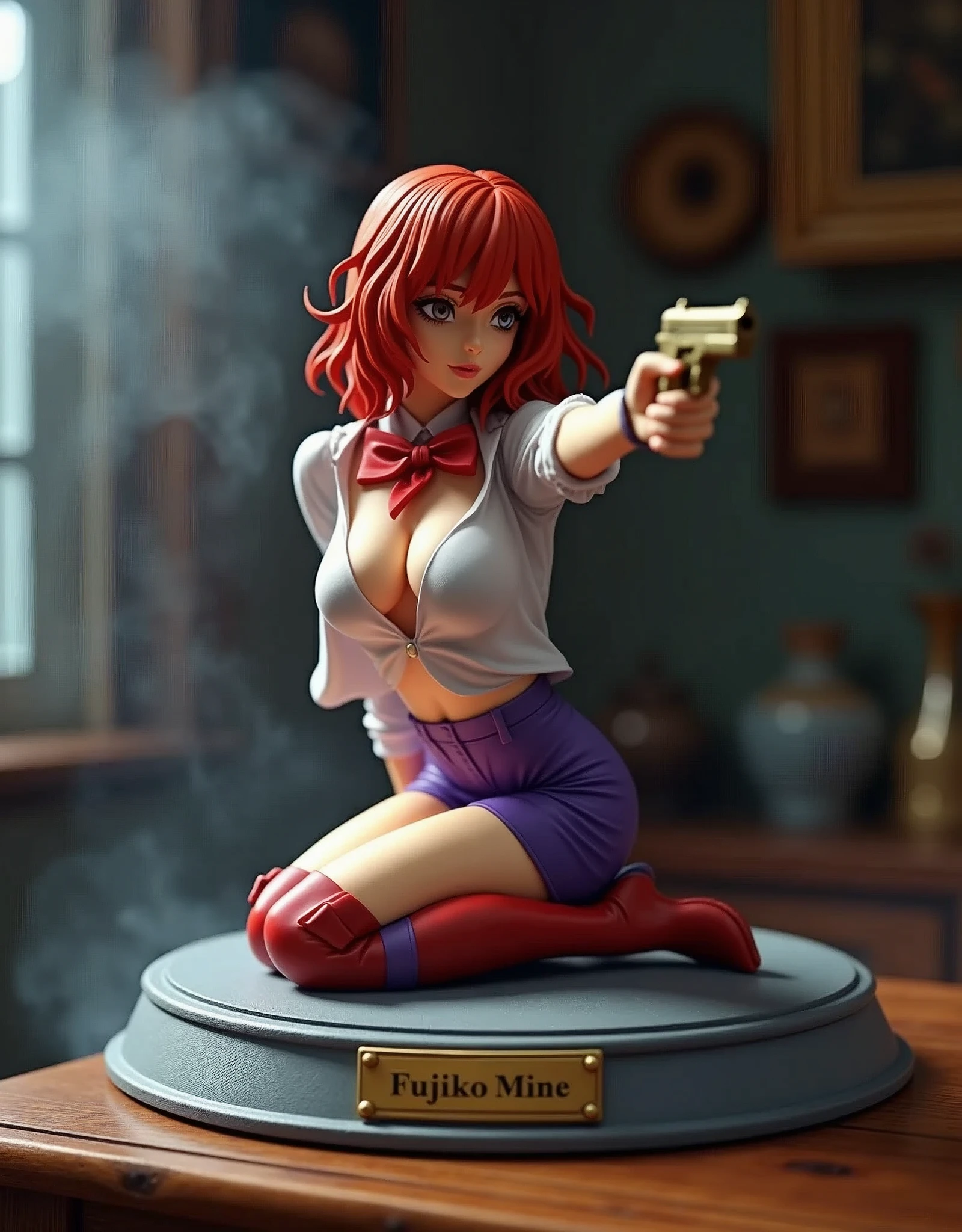 (((masterpiece))), (((Highest quality))), ((Very detailed)), (photograph), (photo:1.2) of an action figure of famous redhead anime "Fujiko Mine". She's in a sexy, alluring and attractive pose kneeling on the ground. She holds a gun, wears a tight white transparent shirt with cleavage and a tight purple skirt, purple boots. The girl has a red floulard around her neck with a bow knot. She's aiming to a target out of the frame. The action figure is resting on a gray plastic pedestal on a wooden table. (On the pedestal there is the inscription: "Fujiko Mine" engraved on a gold plate). Cinematic lights. Masterpiece, best quality, 8K, photo realistic, wallpaper, wallpaper 8k, photographic contest winner, Hyperrealistic art cinematic film still photography in the style of detailed hyperrealism photoshoot. [Entire scene is surrounded by lights, evoking a magical and eerie atmosphere. The lighting is bright and atmospheric, with smoke adding a touch of sinister ambiance. Best quality image, HDR enhancement, showcasing the utmost level of detail and realism]. [8K, Best Quality, Ultra High Resolution, (highly detailed CG unity 8k wallpaper), (best photo), (best shadows), isometric 3D, octane rendering, ray tracing, highly detailed, (Best quality, 4K, 8k:1.2), absurdity, ultra detailed, (realistic, photorealistic, photorealistic:1.37), complex parts, HDR, (complex parts:1.12), (hyper detailed, hyper realistic, Soft lighting, spicy:1.2), (complex parts, Hyper detailed:1.15). Blurred foreground. (backlit), masterpiece, high quality, brightness, chromatic aberration, foggy smoke, shadows, contrast, clear sky, (warm hue, warm tone), high details, natural reflections].
