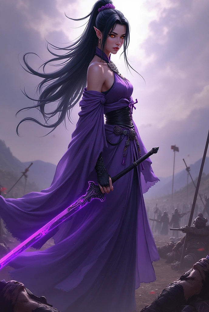 Chinese fantasy art, a warrior woman from a fantasy world stands with her back turned slightly backwards with a serious face, in one of her hands she holds a sword with Purple in color, her clothes are like those of ancient Chinese girls, a dress but with purple warrior details of different shades, she has long black hair but it is tied in Cola Haci as well as his eyes are orange with yellow like the phoenix, also the background is a place of war where on the ground there are several dead soldiers. The image has Purple tone 