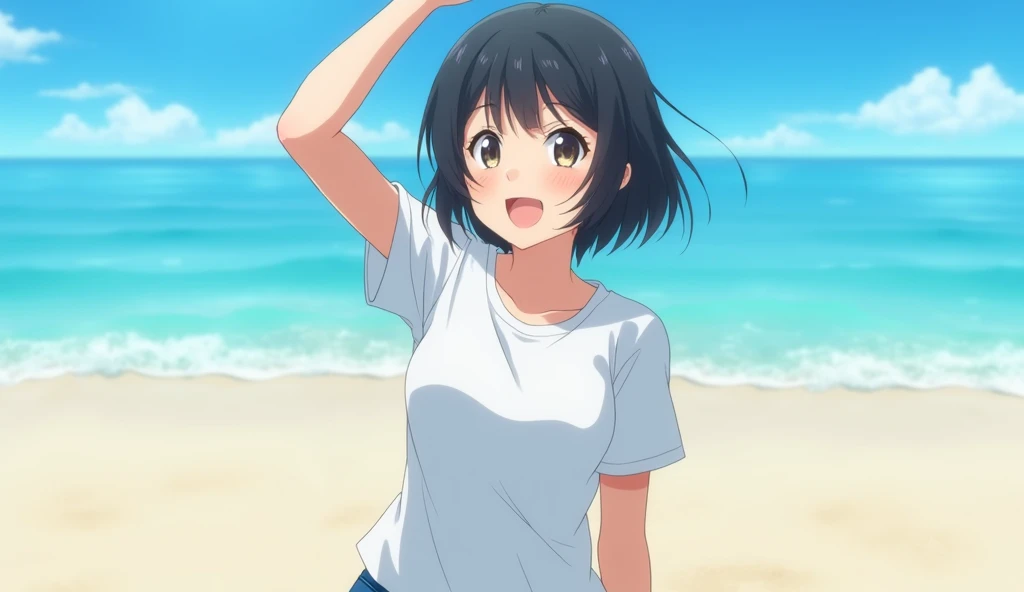 ((Top quality)), ((Masterpiece)), (Detail), Perfect face, Japanese woman, Teenage girl, Immaculate, White T-shirt, blue shorts, short black hair, big breasts, one hand raised dazzlingly, bright smile, blue summer sky, strong sunlight, sandy beach, depth of subject, sharply in focus, Aspect ratio 16:9, realistic live action, not illustrative style, photograph.