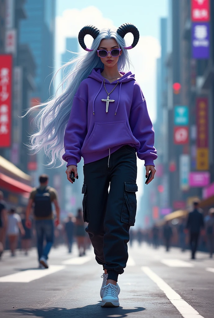 demon girl, white and blue hair ,silver cross necklace,Sunglasses, purple sweatshirt, black cargo pants,WHITE TENNIS, earphones, holding her cell phone, walking through a big city