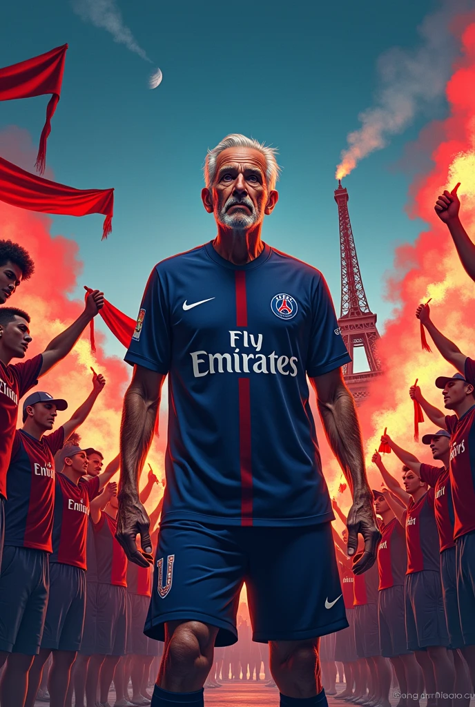Un portrait d'un joueur de football (mais qui a 60 ans) en manga qui porte le maillot du paris saint germain dans l'espace avec des représentations de la tour eiffel et du parc des princes, il doit être au milieu de l'image et regarder face caméra. En fond il y a des supporters brandissant des echarpes Ultra auteuil et des fumigènes. Image qui représente l'espoir la fidélité