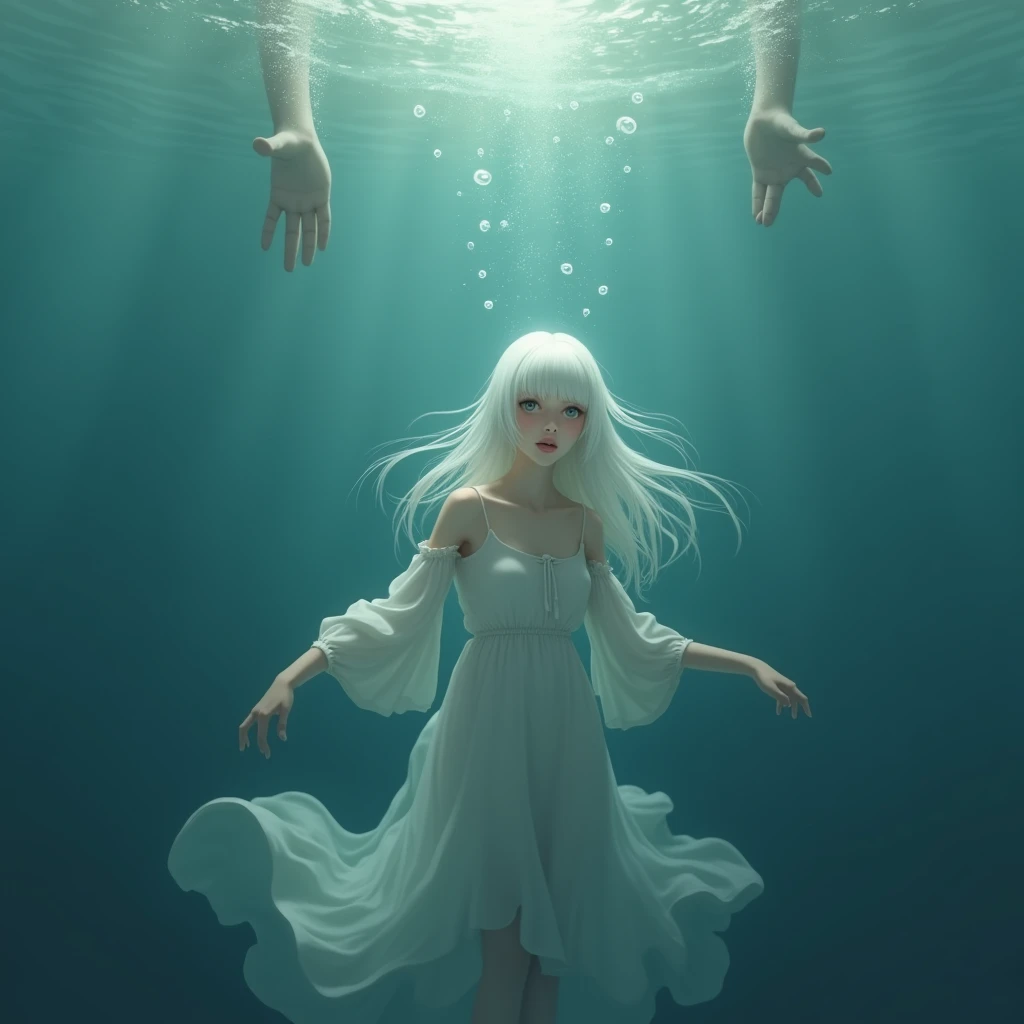 A girl with long white hair wearing a long white dress,she will be lying inside the ocean and will have hands pulling her down under the water,I want something that makes me sad