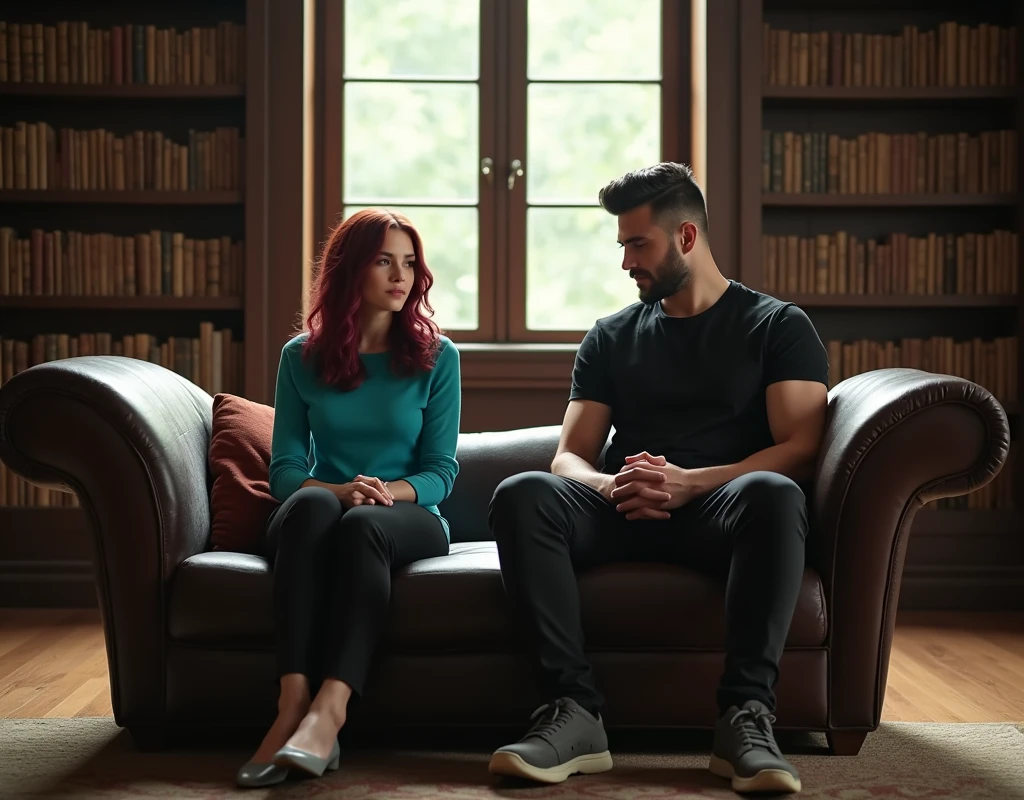 170 cm tall, 24-year-old woman with very pale skin, vibrant maroon wavy medium-length layered hair, parted to the side, fit figure, long turquoise top, black pants and grey flats with a tentative expression sits next to a very tall 209 cm tall, 29-year-old muscular attractive man with black short layered swept back wavy crew cut hair, short black facial hair, shirtless, Mediterranean-Native American features, black t-shirt and black cargo pants kind smile expression, sitting on the other side of chaise lounge right underneath a window inside a huge empty dark wood library. Photorealistic, cinematic.