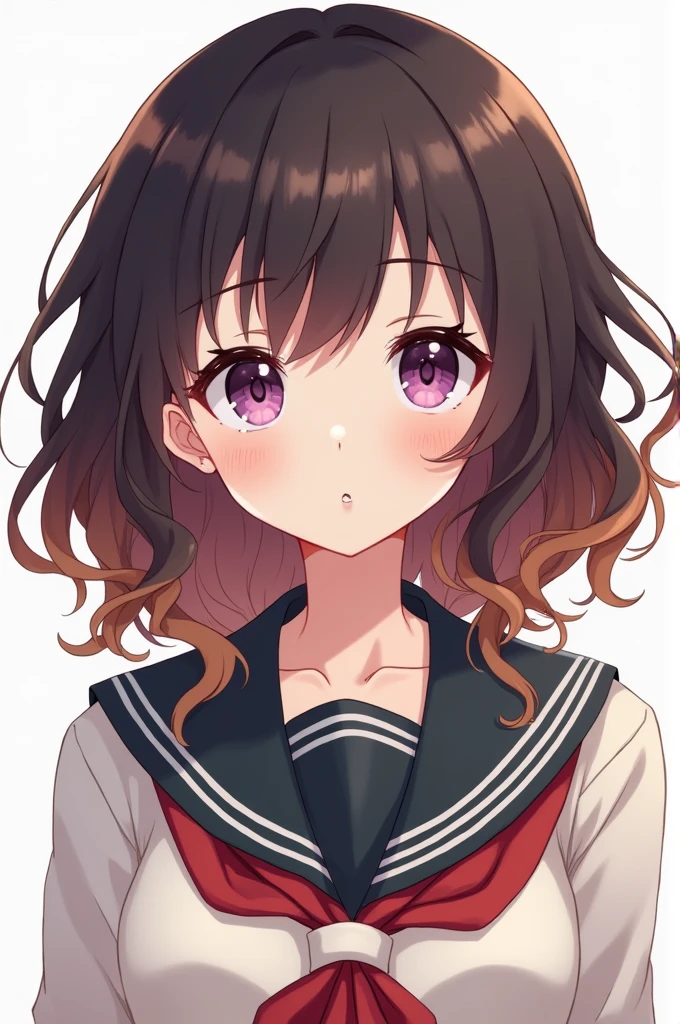 Generate a female anime character wearing Japanese uniform with a little curly brown and black hairs and deep voilrt eye colour