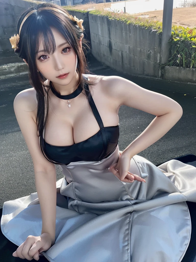 ((yoro cosplay)), ((A very cute caucasian girl cosplaying yor, standing on road side), ((blur background)), 1 girl, wide range photoshoot, wide range, (milf), long beautiful face, clear face, ((hot body)), ((yor dress)), ((spyxfamily)), ((assassin suit dress)), ((cosplay black dress)), ((((Huge breasts: 1.2)))), ((no breasts)), coverd, (((Realistic))), ((well dressed)), waist curve pose, front side, (8k, RAW photo, top quality, masterpiece), (Realistic, photorealistic: 1.9), ((Full body shot)), stylish pose, ((Highly detailed skin: 1.2)), ((Realistic: 1.9)), Photos, masterpieces, top quality, (beautiful blue eyes, gorgeous pale grey black curly hair, white skin, thick body, lower abdomen bristles, perfect slim figure), various poses, ultra-detailed face, detailed eyes, a lot of people are looking at her with excitement, (((close-up))), sun light, cinematic, ((photoshoot)), photography
