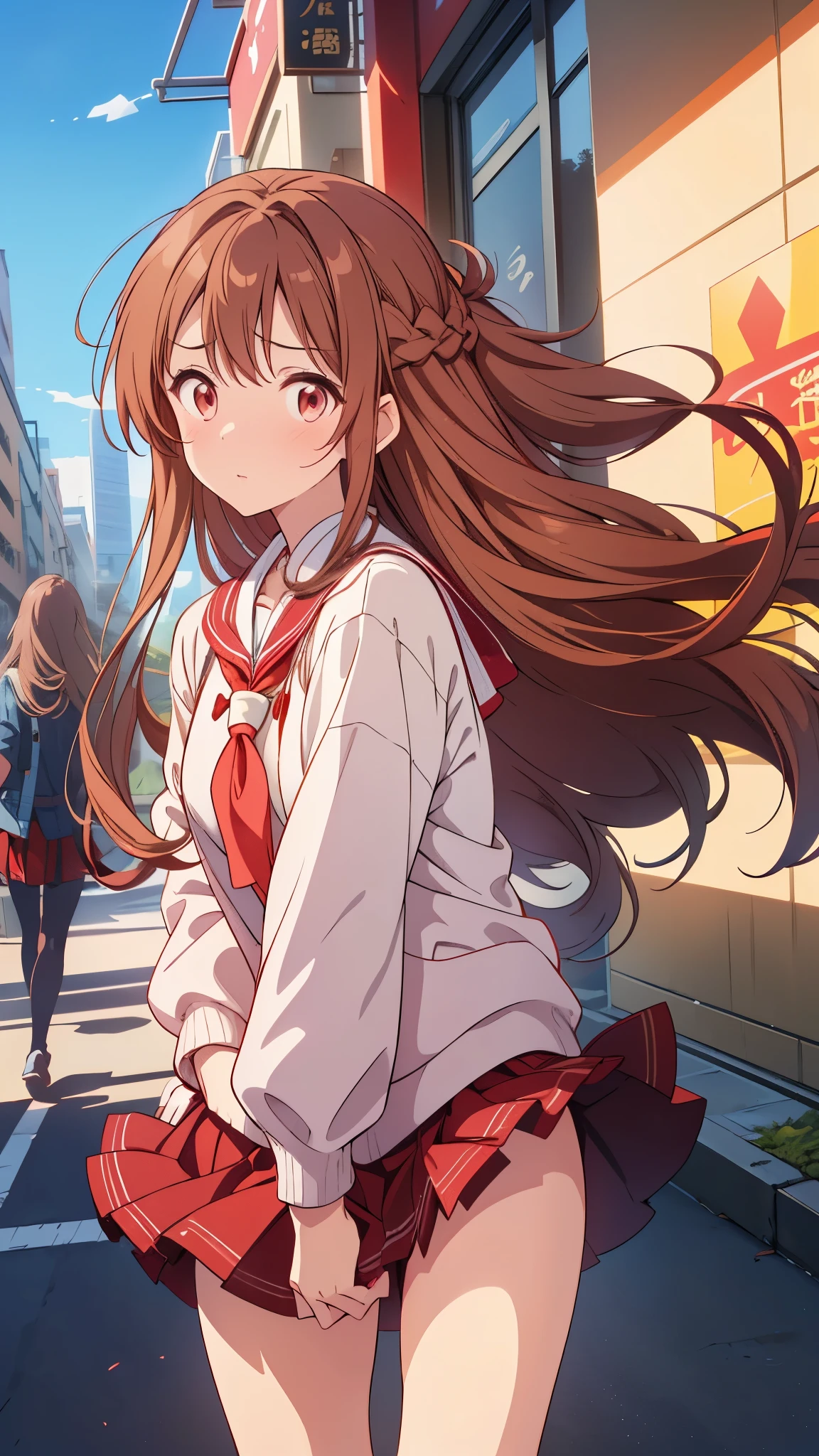 An anime girl with long brown hair walks down the sidewalk. Dark brown hair.,Long Wavy Hair、20-year-old woman、shy、Beautiful Hong Kong Chinese University、White shirt,Red flared skirt,Good style,,(Look forward)(((My cheeks are red.、Embarrassed expression)),(((The wind blew up her skirt)))、((You can see everything))、Light pink lace,The skirt was blown up by the wind