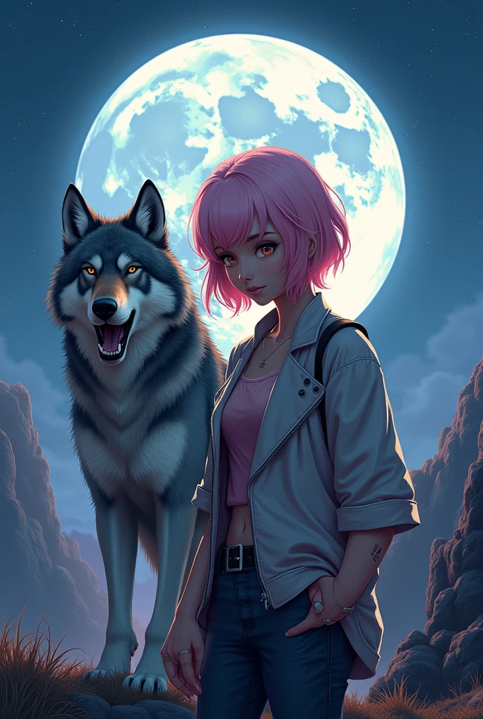 prompt: create an 8k, hyper realistic, airbrush glossy gta v cinematic poster style image of a beautiful girl with a soft jacket short 
hair shape
name Aa pink

 long hair  beside a large, snarling wolf with intricate Reggie background moon 
