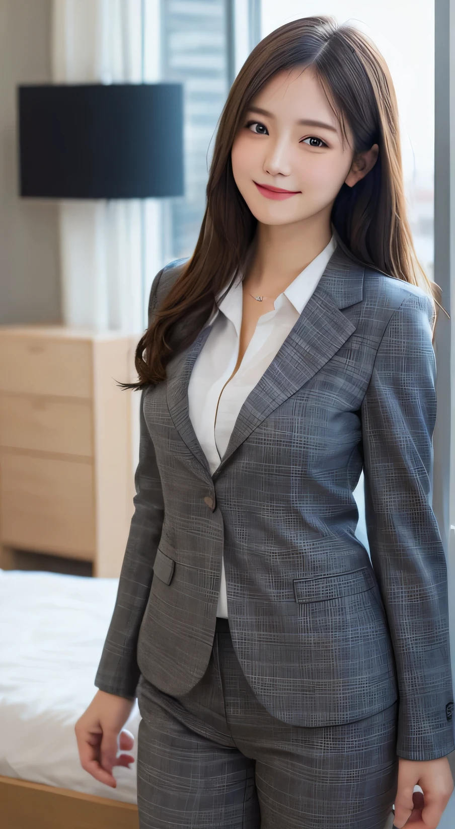 Highest quality, figure, Very detailed, In detail, High resolution, smile、Beautiful girl、Casual checked business suit、Large Breasts、The chest was wide open、(Sleep on your back:1.1)、Office Background