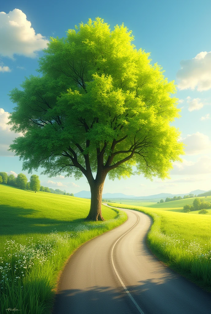 A tree in the spring month on a realistic late afternoon road