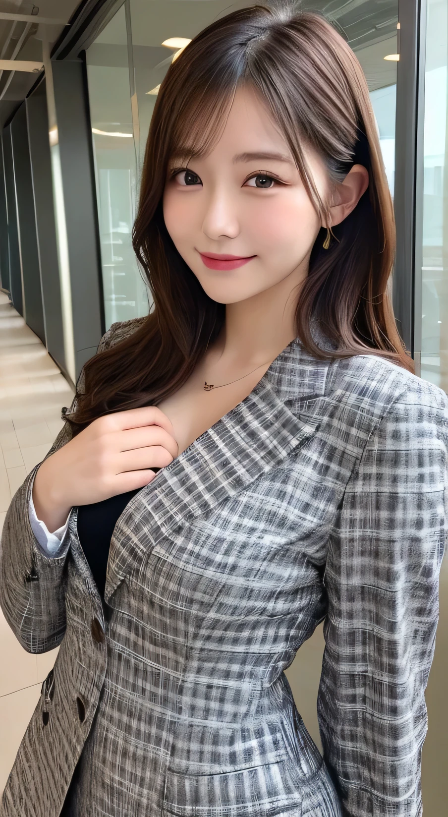 Highest quality, figure, Very detailed, In detail, High resolution, smile、Beautiful girl、Casual checked business suit、Large Breasts、The chest was wide open、(Sleep on your back:1.1)、Office Background