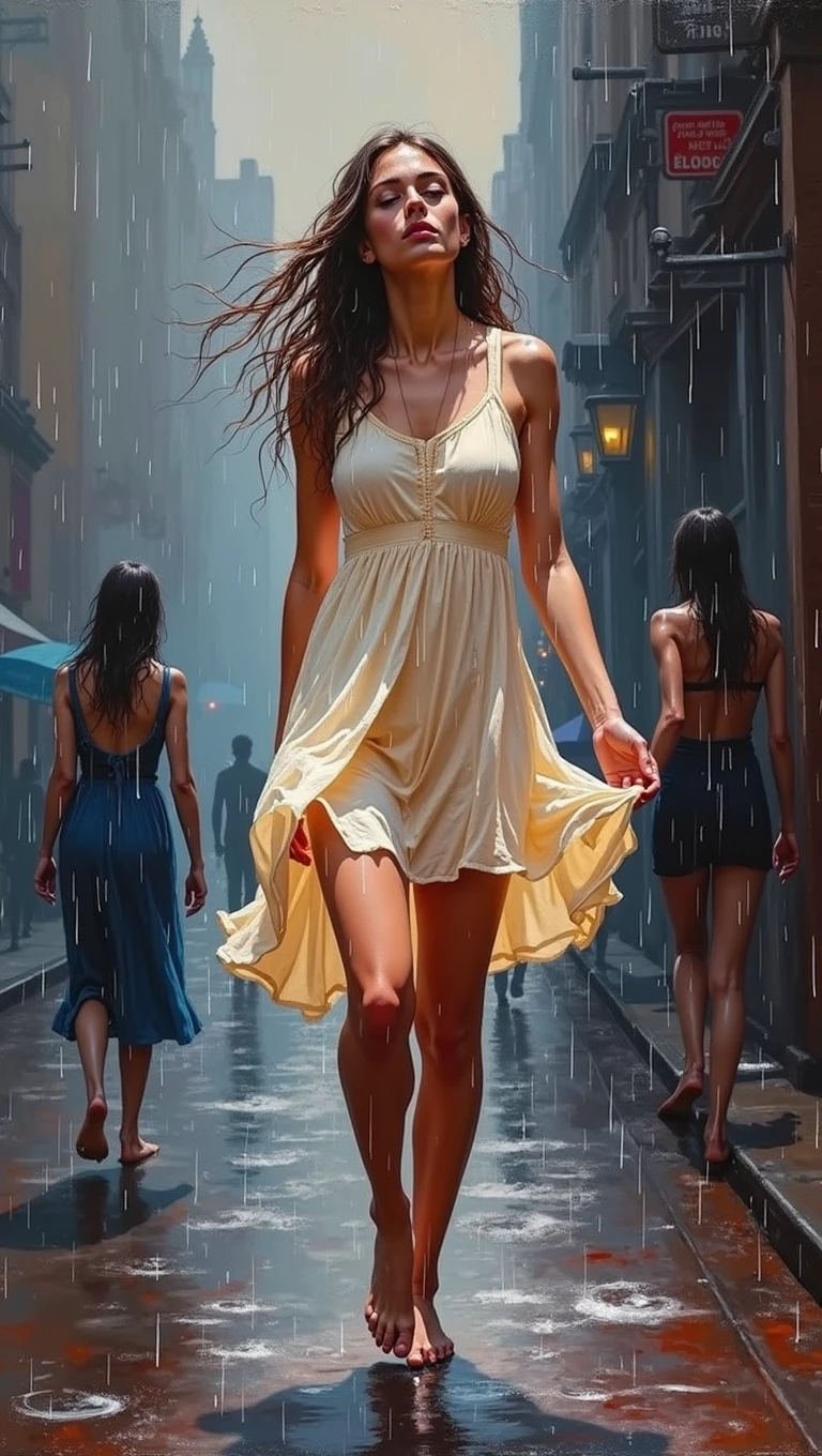 (rainy night:1.5), (Tasteful:1.5), (full color:1.5), 8k, 4k, (magic:1.5), (dripping paint;1.5), (night London street:1.5), (1900s:1.5), (three girls staring at each other :1.3), (wearing a Red, yellow, Blue, long wet dress:1.8), (slender:1.5), (full body:1.5), (beautiful city lighting:1.5), (light reflection:1.3), (steam:1.5), (fog:1.5), (mist:1.5), (humid:1.5), (smog:1.5), (heavy rain:1.5),(wet:1.5), (sweat:1.5),(step:1.5),(rolling:1.5),(dynamic:1.5), ((a thick textured oil painting, impasto brushstrokes, dry brushing, paletteknife:2)) oil painted harmonic colors, ((modern impasto style:2), abstract art, vibrant colors, deep shadows, warm lighting, atmospheric, moody, dramatic, intricate details, Harmonic composition, expressive brushwork, textural paint surface, (best quality,4k,8k,highres,masterpiece:1.2),ultra-detailed,(realistic,photorealistic,photo-realistic:1.37)