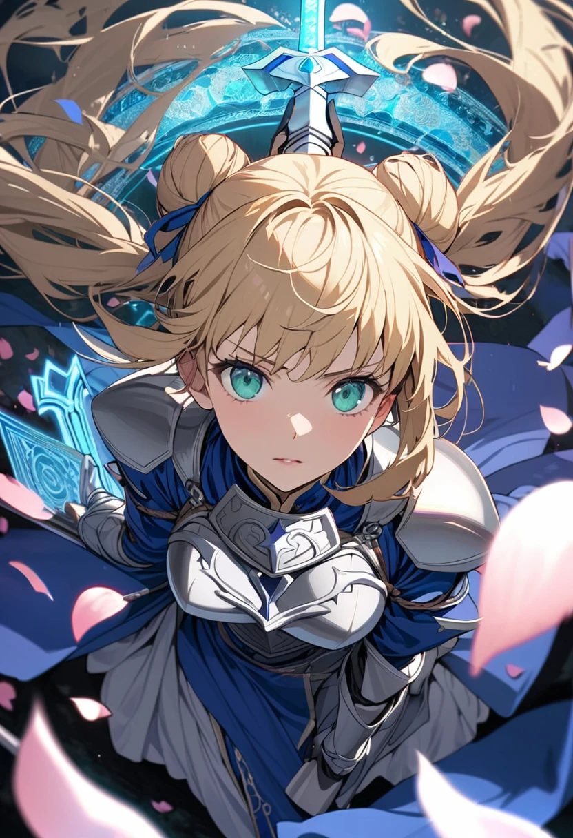 Super detailed, High resolution, Absurd, High resolution, Things to know, Blonde hair tied up in a bun, Aqua Eye, Fate Stay Night, Blue clothes, Silver Armor, Grabbing a sword (Excalibur), beautiful, Only one woman, Blue Magic Circle, petal,