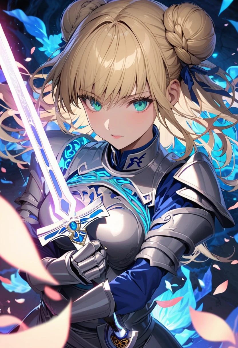 Super detailed, High resolution, Absurd, High resolution, Things to know, Blonde hair tied up in a bun, Aqua Eye, Fate Stay Night, Blue clothes, Silver Armor, Grabbing a sword (Excalibur), beautiful, Only one woman, Blue Magic Circle, petal,