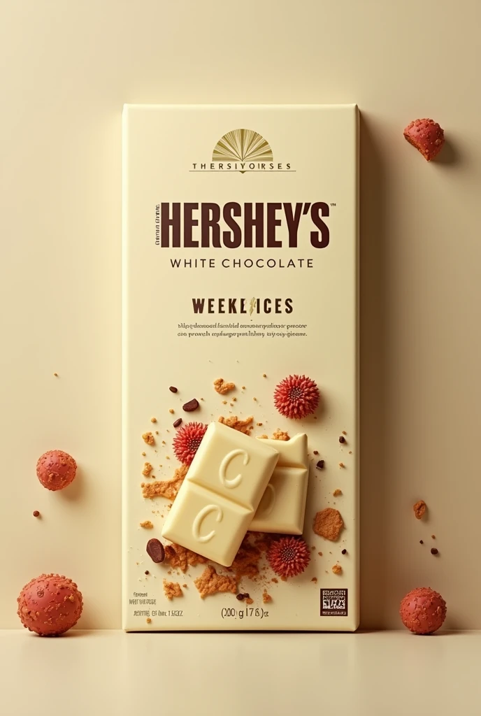 create a packaging for the product: white chocolate with pieces of brown and red crispies and write on the packaging "Hersheys"