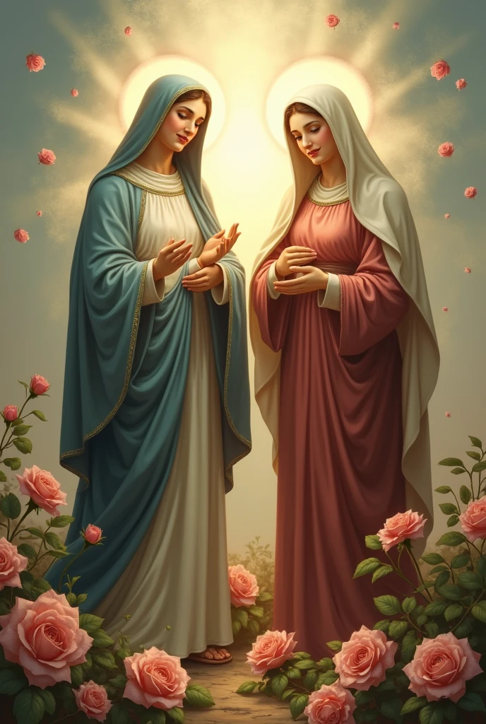 Write 5 detailed prompts (no more than 50 words) composed according to the rules - describing any topic, subject, action. Neural network: Santa Terezinha do Jesus e Santa rosa de lima juntas, ambas muito belas e castas com seus hábitos e sorrindo, com as mãos abertas deixando cair muitas rosas. Query topic: Santa Terezinha do Jesus e Santa rosa de lima juntas, ambas muito belas e castas com seus hábitos e sorrindo, com as mãos abertas deixando cair muitas rosas.
Santa Terezinha and Santa Rosa: Illustrate Santa Terezinha do Jesus and Santa Rosa de Lima, both radiant and pure in their traditional habits, smiling joyfully. Their hands are open, releasing a cascade of vibrant roses, symbolizing grace and devotion.
Divine Harmony: Depict Santa Terezinha and Santa Rosa standing side by side, adorned in their beautiful religious garments. They share a serene smile, and as they extend their hands, a shower of delicate roses falls around them, representing love and purity.
Celestial Connection: Create a scene showing Santa Terezinha and Santa Rosa, exuding beauty and chastity. Their warm smiles light up the surroundings as they let roses gently fall from their hands, conveying a message of hope and compassion.
Joyful Saints: Visualize Santa Terezinha do Jesus and Santa Rosa de Lima, both stunning in their habits. They are smiling brightly with hands raised, letting a multitude of roses descend, symbolizing their shared virtues and divine grace.
Roses of Faith: Illustrate the serene moment of Santa Terezinha and Santa Rosa, both ethereal and virtuous in their attire. Their joyful expressions are complemented by an enchanting shower of roses cascading from their open palms, embodying the essence of faith and love.