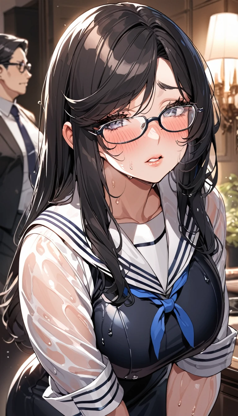 refined mature woman,gentle mature face, mature housewife,glasses,black hair,at rich home,curvy,straight hair,oval face,sailor costume,oval face,glossy lips,embarrassed,wet skin,eyelash,