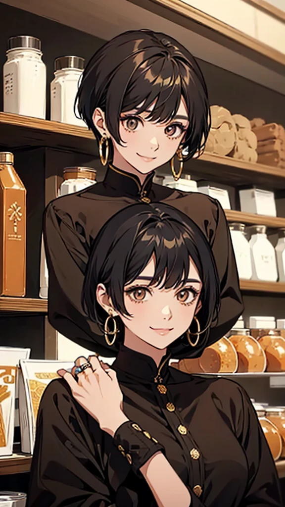 woman、smile、Black Short Hair、Black and gold eyes、large ring earrings、Brown clothes、Brown long sleeve knit dress、Upper Body