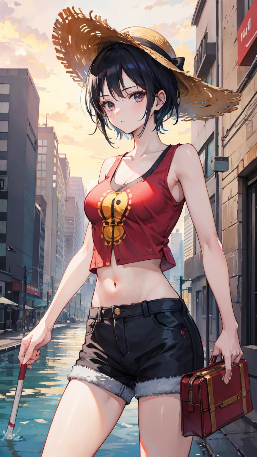 1girl, female luffy in one piece, short hair , black hair, black eyes, beautiful,straw hat , red clothes , city background, ultra detail, realistic, 4k picture, textured skin