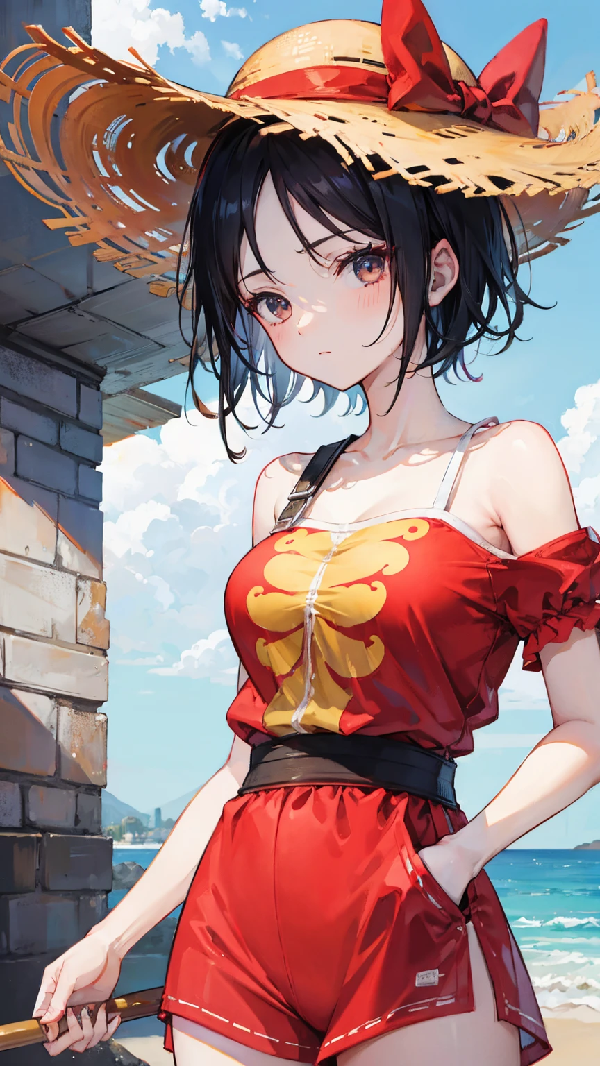 1girl, female luffy in one piece, short hair , black hair, black eyes, beautiful,straw hat , red clothes , city background, ultra detail, realistic, 4k picture, textured skin