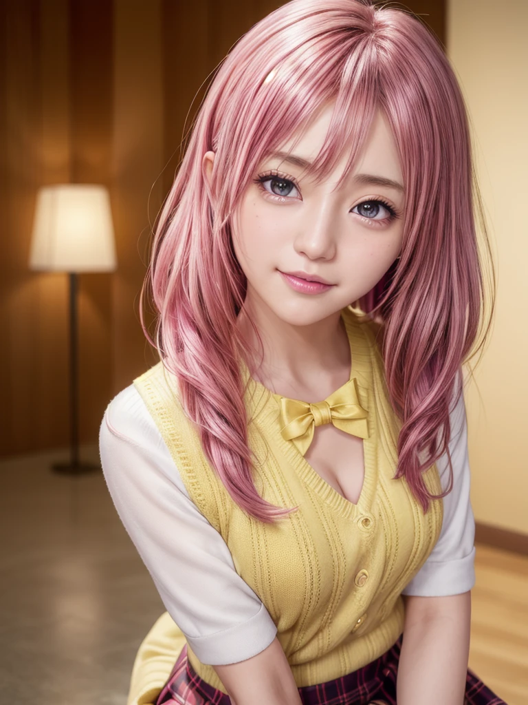 ph momo, momohd, phmomo, solo, 1girl,  pink hair, purple eyes, short hair, hair flower, sweater vest, ,(yellow sweater:1.2), big eyes, plaid skirt, black thighhighs, (masterpiece:1.6, best quality),  (finely detailed beautiful eyes: 1.2), ultra-detailed, illustration,beautiful detailed eyes, (yandere:1.4), (empty eyes),  backlighting, looking at viewer, blush, smile, (masterpiece, finely detailed beautiful eyes: 1.2), detailed eyes, hyper detailed,light smile, highly detailed, beautiful, small details, ultra detailed, best quality, intricate, hyperrealism, sharp, digital illustration, detailed, realism, intricate, 4k, 8k, trending on artstation, good anatomy, beautiful lighting, award-winning, photorealistic, realistic shadows, realistic lighting, beautiful lighting, raytracing, intricate details, moody, rule of thirds, masterpiece, (illustration:1.1), highres, (extremely detailed CG, unity, 8k wallpaper:1.1), beautiful face, highly detailed face, ultra realistic, masterpiece, bokeh, pink hair,extremely detailed, intricate, zoomout, colorful, vibrant colors, red nail polish, side view,standing,whole body,green skirt, plaid, plaid skirt, sainan high , , skirt, sweater vest,