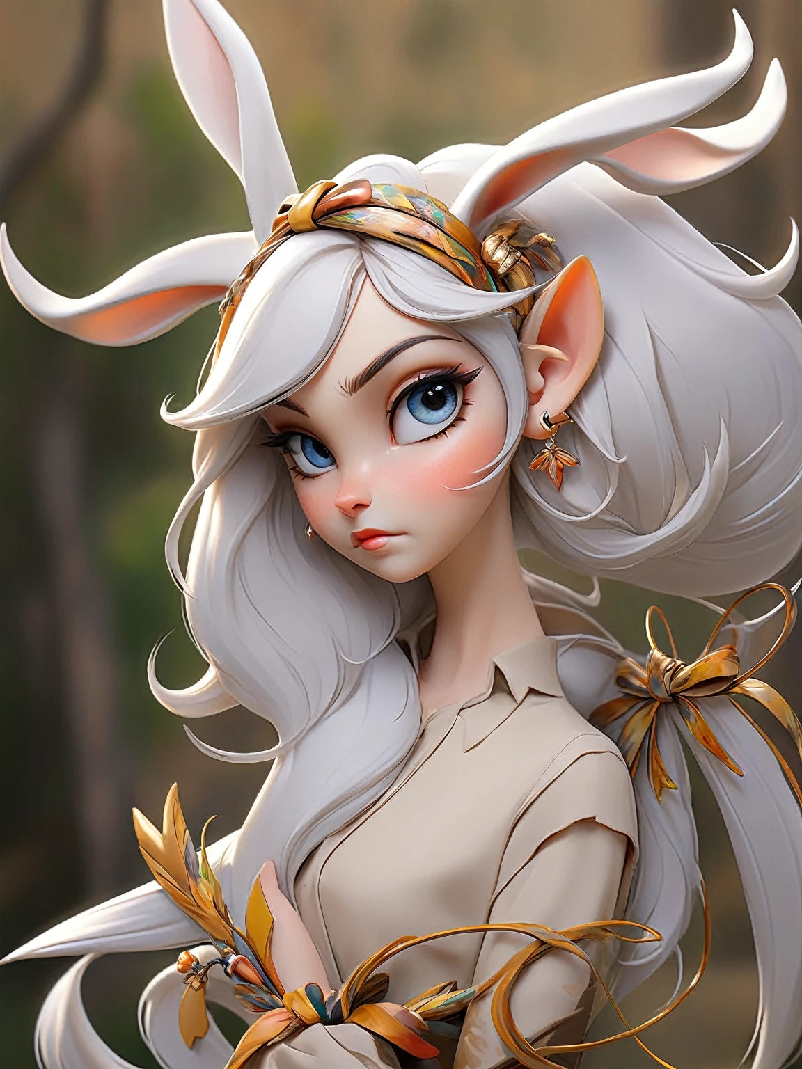animal ears, Hair decoration in the form of a bow, earrings, horns, pointy ears, Hare's ears, masterpiece, Best quality, Action painting, 