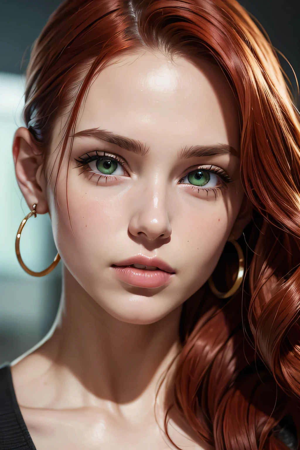 The face of a young woman, green eyes, red curls, nose piercing, ear rings, full lips, index finger on lips, detailed face, realistic