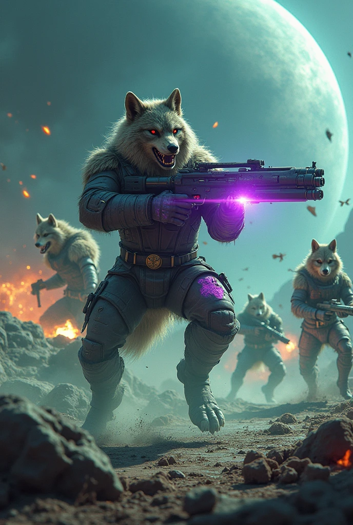 A man in a fursuit, shooting an antimatter gun at aliens while in a spacesuit on a weird planet,white wolf,the planet is all blue and dark,the beam from the gun is purple,the wolf is partially injured,the wolf has 2 other friends shooting at aliens,the aliens have green blood and are getting shot and decapitated,very graphic,alien blood is everywhere,and explosions