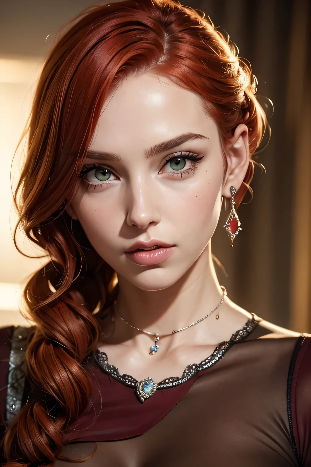 The face of a young woman, green eyes, red curls, nose piercing, ear rings, full lips, index finger on lips, detailed face, realistic