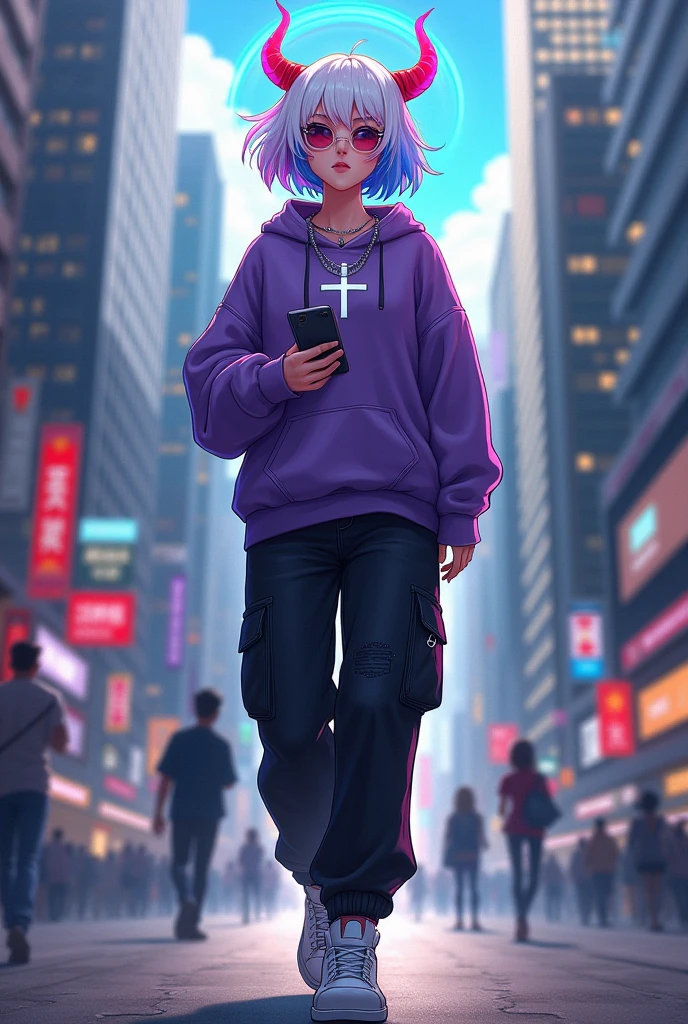demon girl, rainbow colored halo,white and blue hair ,silver cross necklace,Sunglasses, purple sweatshirt, black cargo pants,WHITE TENNIS, earphones, holding her cell phone, walking through a big city