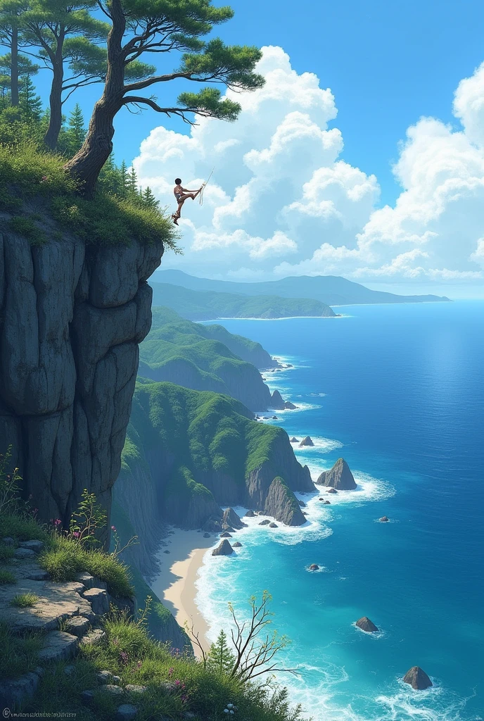 A girl walking along a rope stretched between cliffs,Completely naked