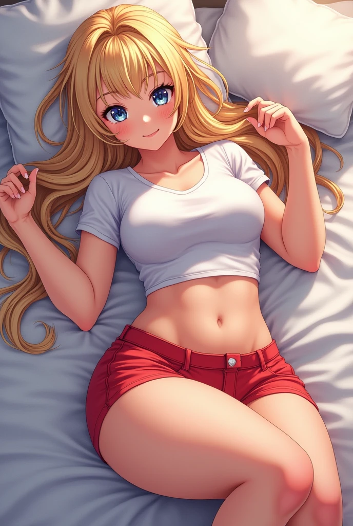 Anime girl with blond hair laying in a bed wearing a smal t-shirt and red shorts with big breasts